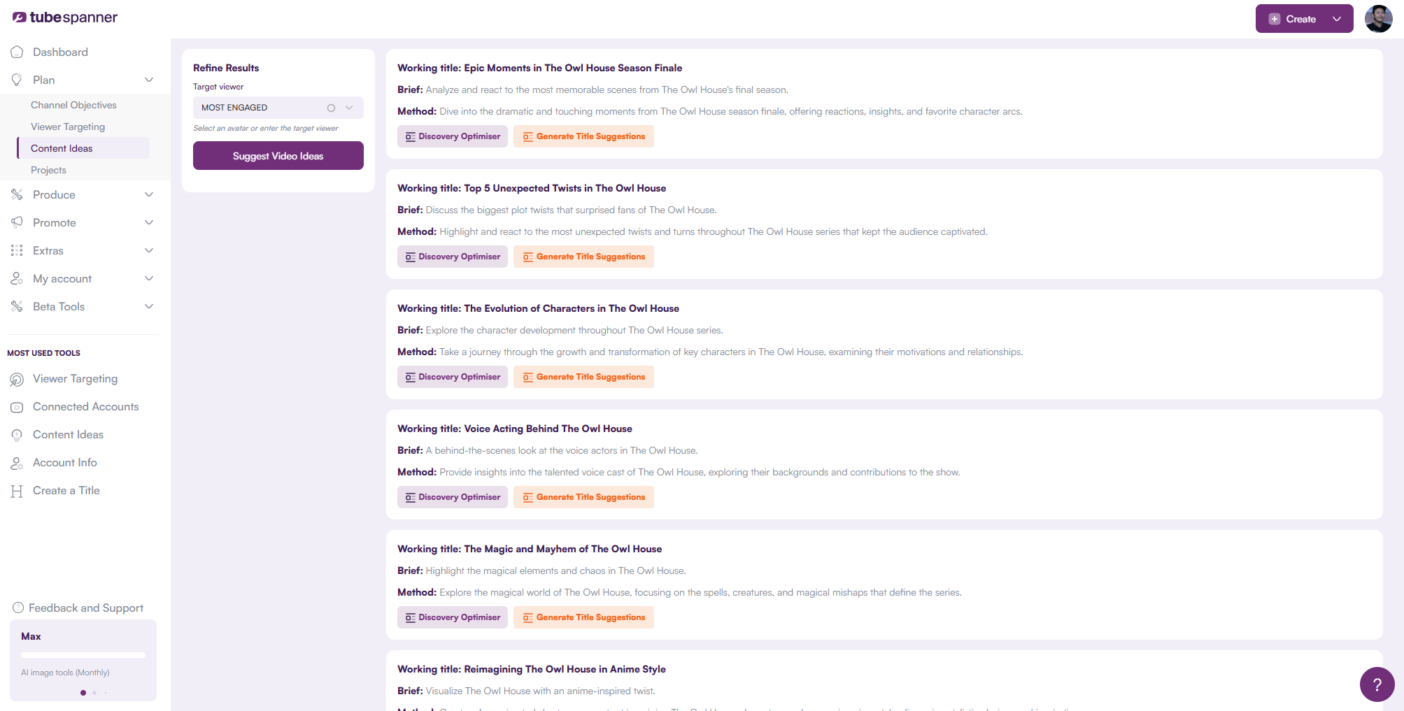 tubespanner video idea dashboard