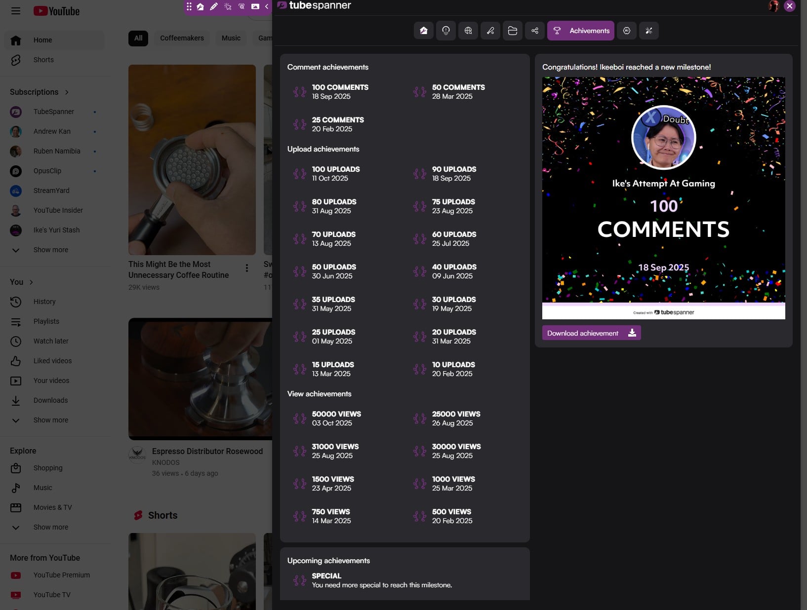 TubeSpanner Achievement browse extension