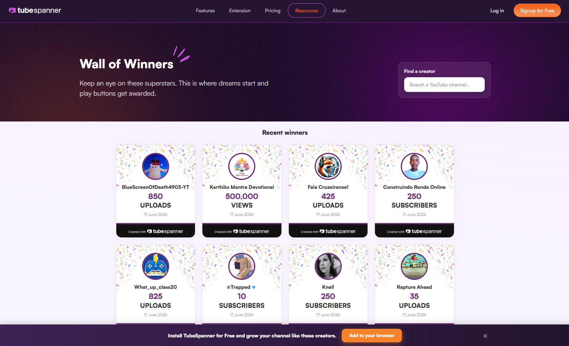 TubeSpanner Wall of Winners