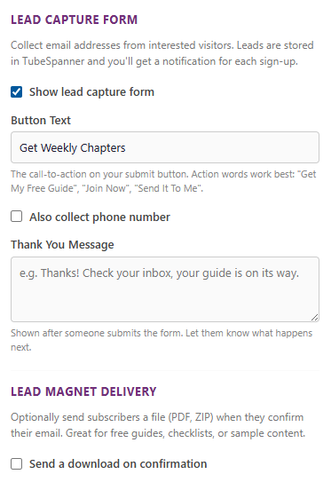 TubeSpanner Lead Capture Form Promo Page