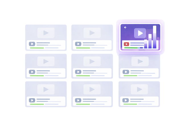 Illustrated grid of video thumbnails where one video stands out with significantly higher engagement than the others.