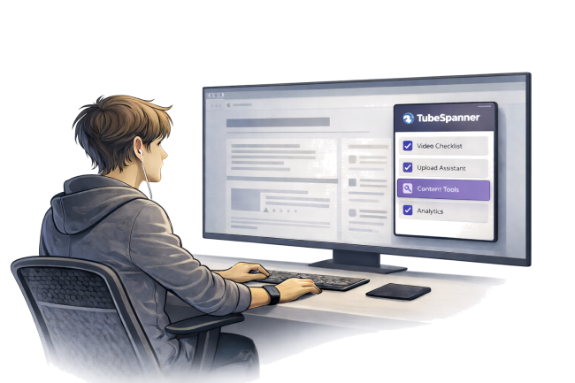 Illustrated view of a creator working at an ultrawide monitor with a browser page open and a TubeSpanner tools panel attached to the side.