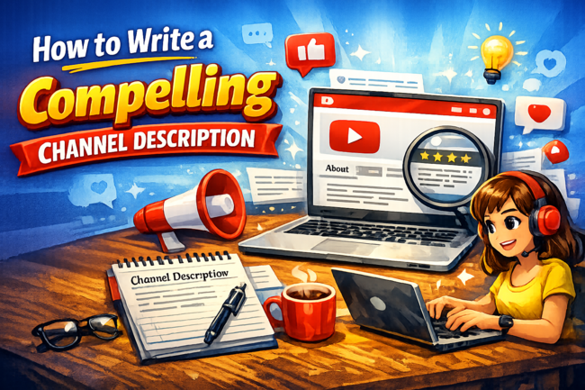 Illustration of a creator writing a YouTube channel description, with a laptop showing a channel page, magnifying glass over review stars, megaphone, notebook, and bold text reading “How to Write a Compelling Channel Description.”