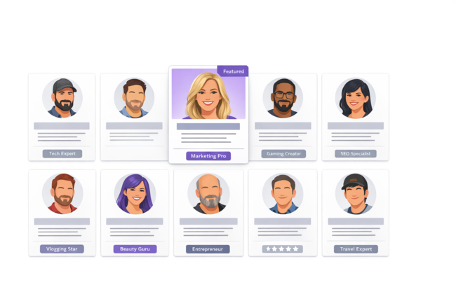 Illustrated grid of curated creator profile cards, with one featured expert highlighted among recommended influencers.