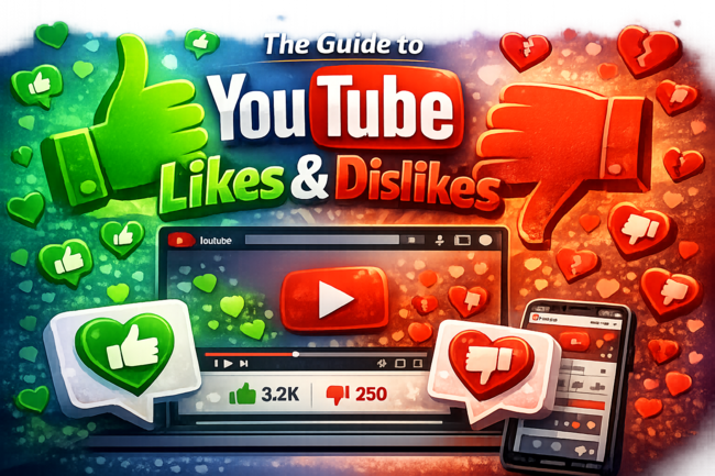 llustration of large green thumbs-up and red thumbs-down icons surrounding a YouTube video player, representing a guide to YouTube likes and dislikes, engagement metrics, and audience feedback.