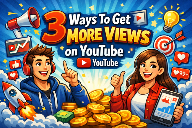 Semi-cartoony hero image reading “3 Ways To Get More Views on YouTube,” with two cheerful creators, rising analytics, and bright YouTube-themed icons on a bold blue background.