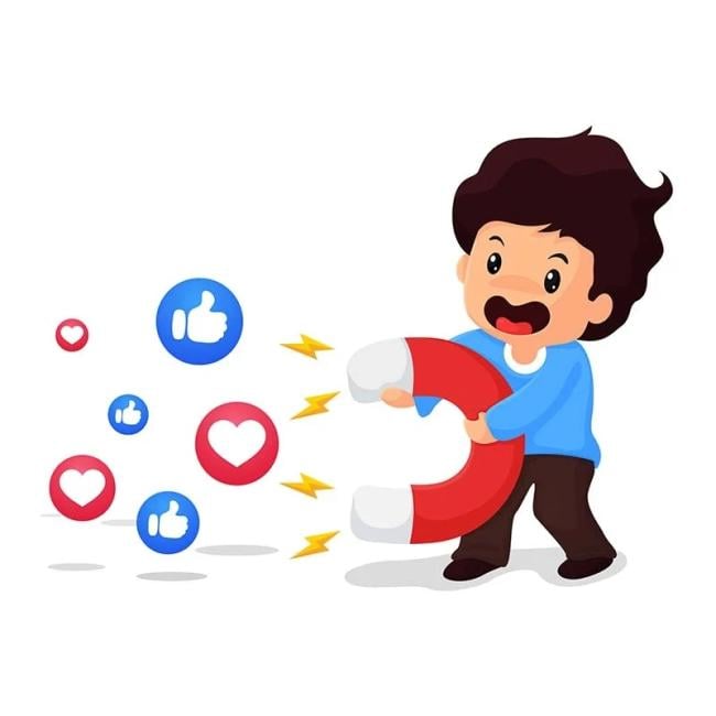 Cartoon of someone holding a magnet attracting social media icons.