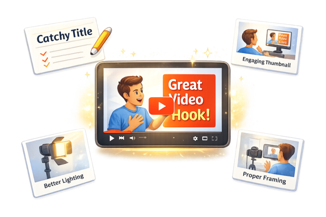 Illustrated YouTube video thumbnail surrounded by visual improvement elements, representing ways to make videos more appealing.