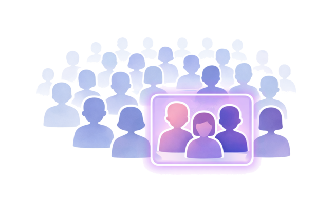 Illustrated crowd of audience figures with a smaller group highlighted to represent targeted viewers.