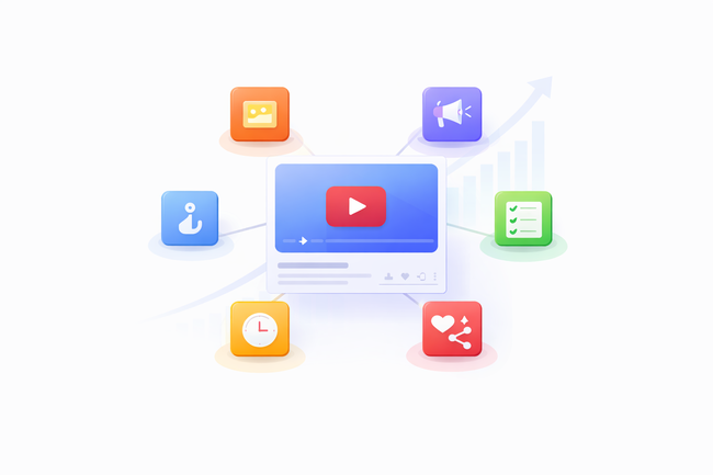 Illustrated YouTube video thumbnail surrounded by six elements representing factors that contribute to increased engagement and growth.