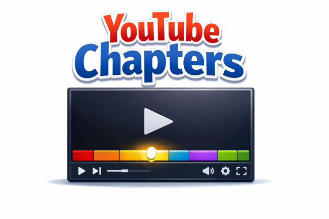 Illustration of a stylized video player with a segmented timeline showing colored chapter sections.