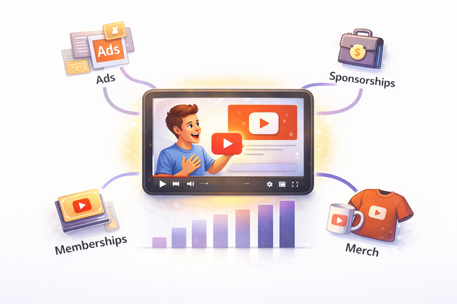 Illustration of a YouTube video surrounded by monetisation options including ads, sponsorships, memberships, and merchandise, with rising revenue bars below.
