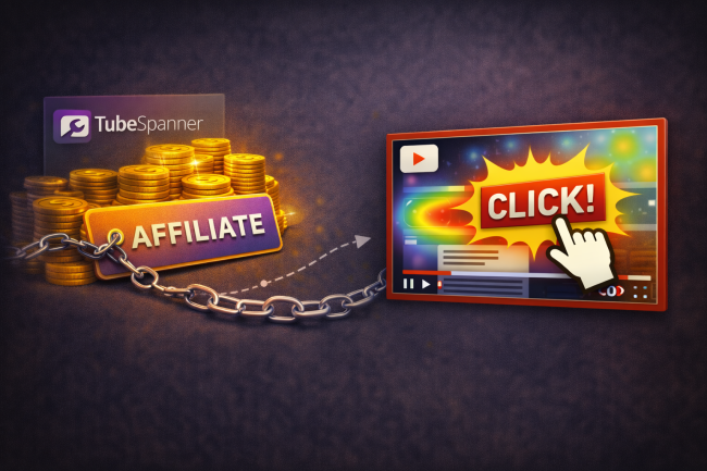 Abstract illustration showing a chain linking an affiliate tag and stacked gold coins to a YouTube-style video thumbnail with a highlighted click area, symbolising earning money through affiliate clicks before channel monetisation.