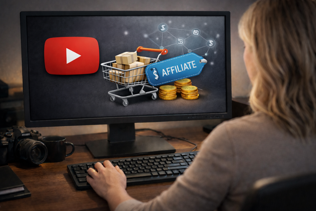 Woman seated at a wooden desk viewed from behind, looking at a computer monitor displaying affiliate marketing concepts, including a YouTube logo, shopping cart with boxes, affiliate tag, stacked coins, and connected dollar icons in a softly lit home office.