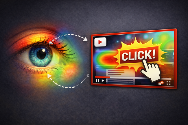 Close-up of a human eye with a colorful heatmap overlay and a dashed arrow pointing toward a YouTube-style thumbnail, which shows a cursor clicking on a bright focal area, illustrating viewer attention and click behaviour.