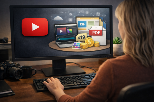 Woman seated at a wooden desk with a small succulent beside the monitor, viewed from behind, looking at a screen displaying digital product concepts including an online course interface, downloadable PDF file, price tag, and stacked coins in a warmly lit home office.