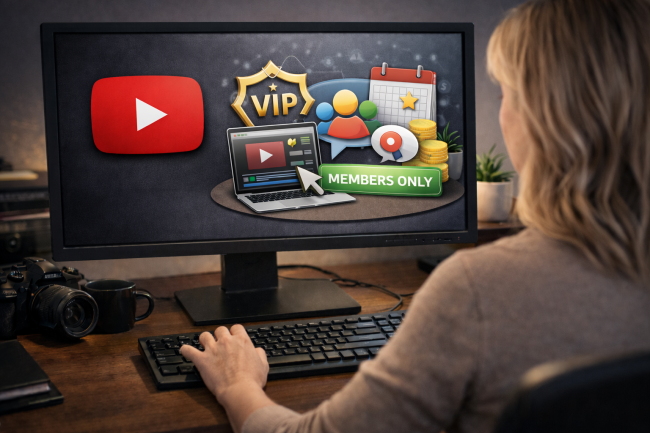 Woman seated at a wooden desk viewed from behind, looking at a monitor displaying YouTube membership and community concepts, including a VIP badge, group chat icons, calendar, members-only label, and stacked coins in a warmly lit home office with plants.