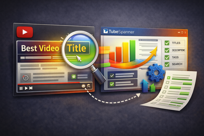 Illustration showing a YouTube video interface with a highlighted title under a magnifying glass, alongside a TubeSpanner-style optimisation dashboard featuring checklists, charts, upward arrows, and settings icons to represent improving titles and descriptions for better performance.
