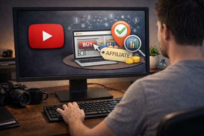 Man seated at a wooden desk viewed from behind, looking at a monitor displaying affiliate sales tracking concepts, including a buy button, affiliate tag, analytics charts, location pin with check mark, magnifying glass, and stacked coins in a softly lit home office.