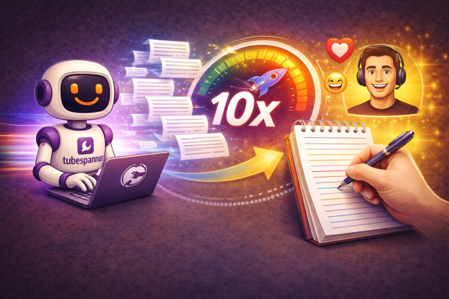 Illustration showing the TubeSpanner “Spanners” robot typing on a laptop while pages of script flow toward a notepad where a hand is writing, with a glowing speed gauge and upward arrow symbolising faster YouTube scriptwriting while keeping the creator’s personality.