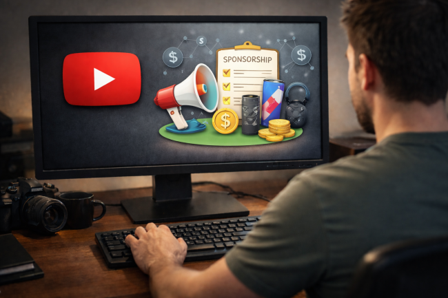 Man seated at a desk viewed from behind, looking at a computer monitor displaying YouTube sponsorship concepts, including a megaphone, sponsorship checklist, product items, stacked coins, and dollar icons in a softly lit home office.