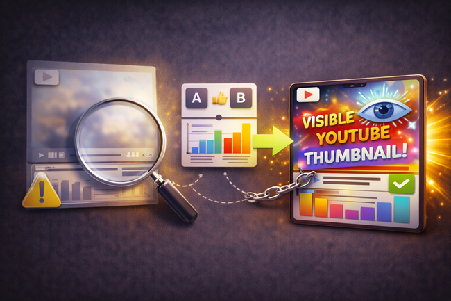 Illustration showing a blurred YouTube thumbnail being inspected with a magnifying glass, an A/B testing panel with performance charts in the center, and a bright, eye-catching thumbnail on the right with an eye icon and check mark, representing testing thumbnail visibility before publishing.