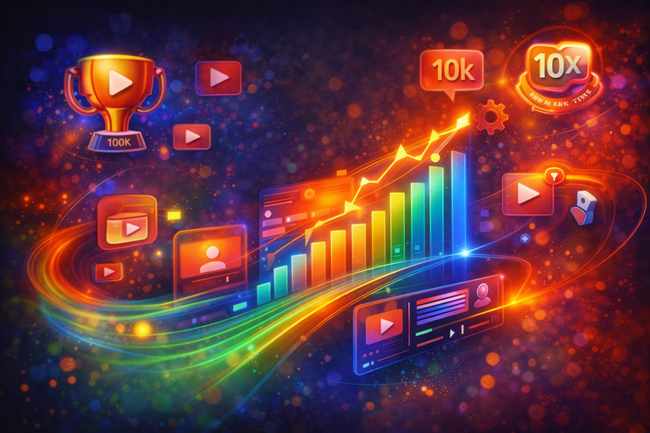 Abstract neon heat-map style illustration showing glowing analytics charts, milestone icons, and flowing data streams representing YouTube channel growth and creator achievements.