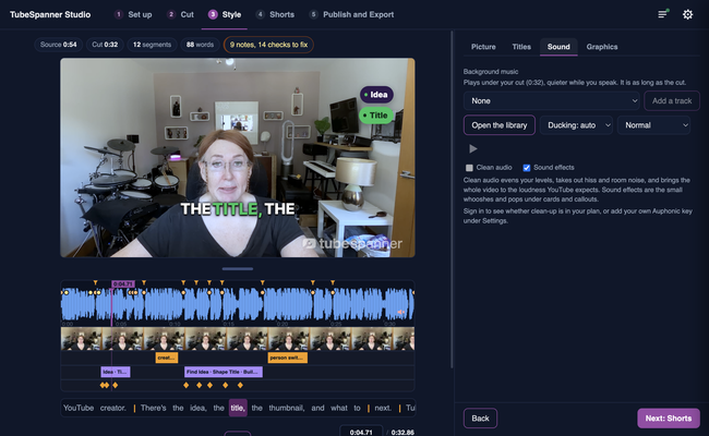 TubeSpanner Studio's Style page with pop-up captions, Idea and Title callouts and a watermark over the video