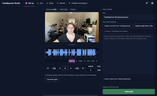 TubeSpanner Studio's Set up page with a local ProRes recording loaded and a script panel beside it