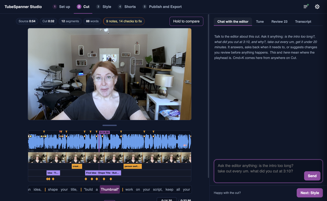 TubeSpanner Studio's Cut page with the chat panel open beside the timeline, for asking the editor to change the cut