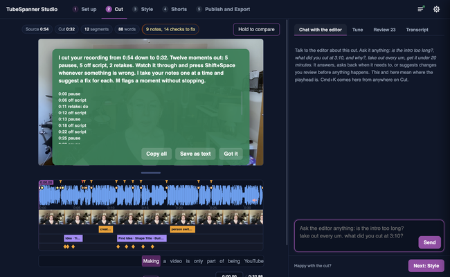 TubeSpanner Studio's Cut page showing the editor's summary: a recording cut from 0:54 to 0:32, with its pauses, off-script moments and retakes listed
