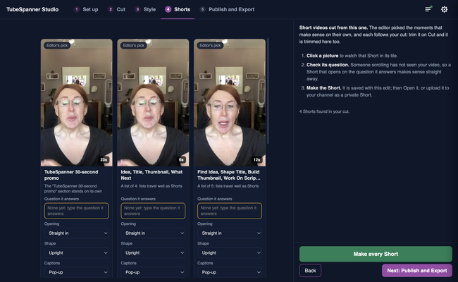 TubeSpanner Studio's Shorts page showing three upright Shorts the editor picked from one longer recording