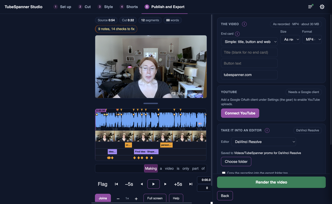 TubeSpanner Studio's Publish and Export page with the panel for handing the edit to DaVinci Resolve