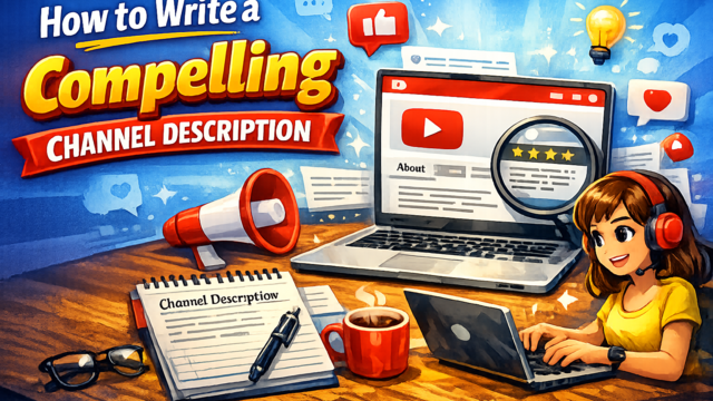 Illustration of a creator writing a YouTube channel description, with a laptop showing a channel page, magnifying glass over review stars, megaphone, notebook, and bold text reading “How to Write a Compelling Channel Description.”