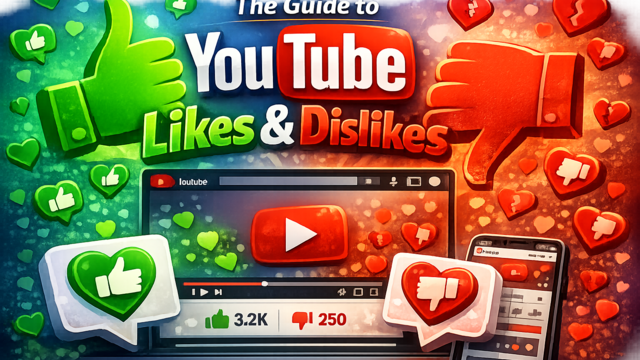 llustration of large green thumbs-up and red thumbs-down icons surrounding a YouTube video player, representing a guide to YouTube likes and dislikes, engagement metrics, and audience feedback.