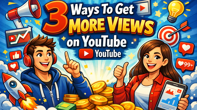 Semi-cartoony hero image reading “3 Ways To Get More Views on YouTube,” with two cheerful creators, rising analytics, and bright YouTube-themed icons on a bold blue background.
