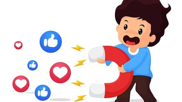 Cartoon of someone holding a magnet attracting social media icons.
