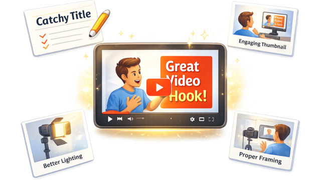 Illustrated YouTube video thumbnail surrounded by visual improvement elements, representing ways to make videos more appealing.
