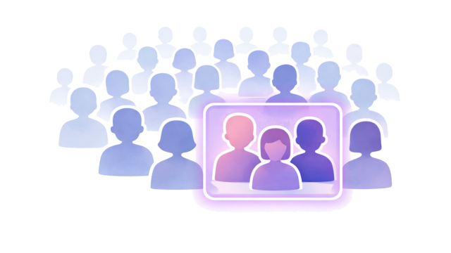 Illustrated crowd of audience figures with a smaller group highlighted to represent targeted viewers.