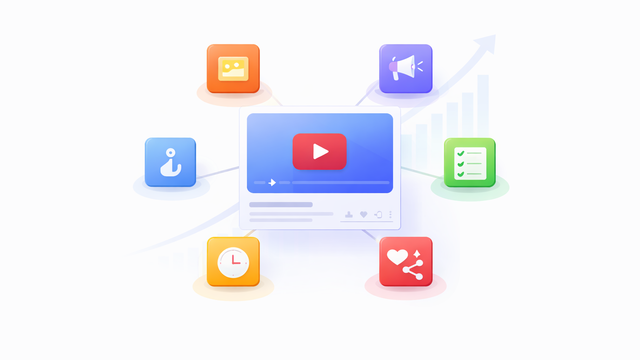 Illustrated YouTube video thumbnail surrounded by six elements representing factors that contribute to increased engagement and growth.