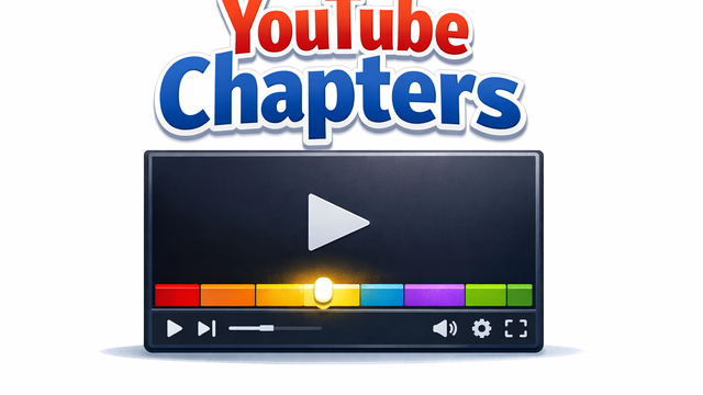 Illustration of a stylized video player with a segmented timeline showing colored chapter sections.