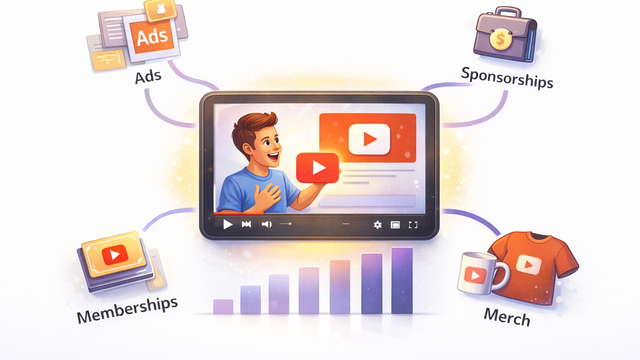 Illustration of a YouTube video surrounded by monetisation options including ads, sponsorships, memberships, and merchandise, with rising revenue bars below.