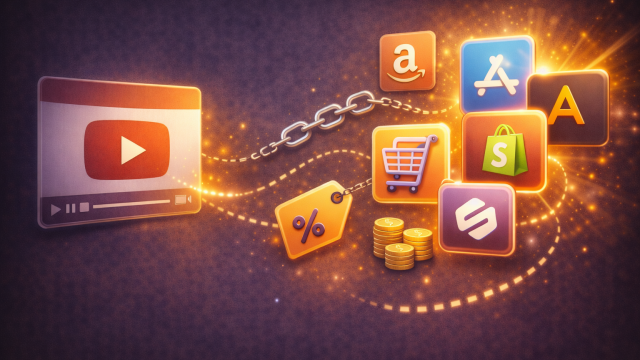Illustration showing a YouTube video panel connected by a glowing dotted path and chain link to several affiliate program icons, including shopping cart, percentage tag, coins, and app-style tiles, representing multiple affiliate revenue opportunities for creators before monetization.