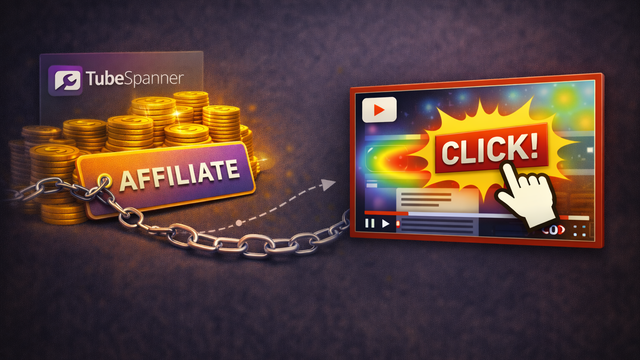 Abstract illustration showing a chain linking an affiliate tag and stacked gold coins to a YouTube-style video thumbnail with a highlighted click area, symbolising earning money through affiliate clicks before channel monetisation.