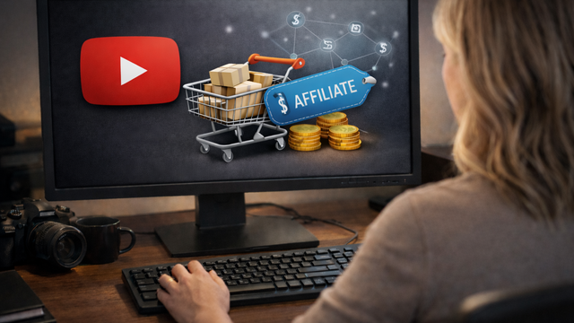 Woman seated at a wooden desk viewed from behind, looking at a computer monitor displaying affiliate marketing concepts, including a YouTube logo, shopping cart with boxes, affiliate tag, stacked coins, and connected dollar icons in a softly lit home office.