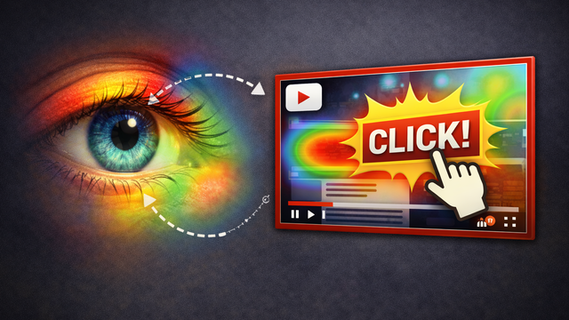 Close-up of a human eye with a colorful heatmap overlay and a dashed arrow pointing toward a YouTube-style thumbnail, which shows a cursor clicking on a bright focal area, illustrating viewer attention and click behaviour.