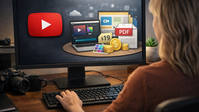 Woman seated at a wooden desk with a small succulent beside the monitor, viewed from behind, looking at a screen displaying digital product concepts including an online course interface, downloadable PDF file, price tag, and stacked coins in a warmly lit home office.