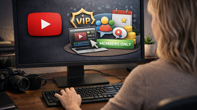 Woman seated at a wooden desk viewed from behind, looking at a monitor displaying YouTube membership and community concepts, including a VIP badge, group chat icons, calendar, members-only label, and stacked coins in a warmly lit home office with plants.
