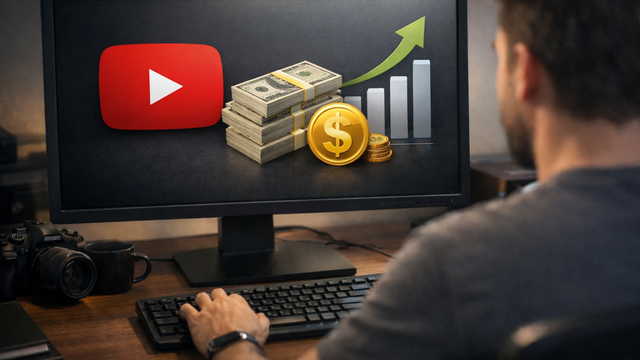 Person sitting at a desk viewed from behind, looking at a computer monitor displaying YouTube monetisation concepts, including the YouTube logo, stacks of cash, a dollar coin, and an upward-trending bar chart, in a softly lit home office setting.
