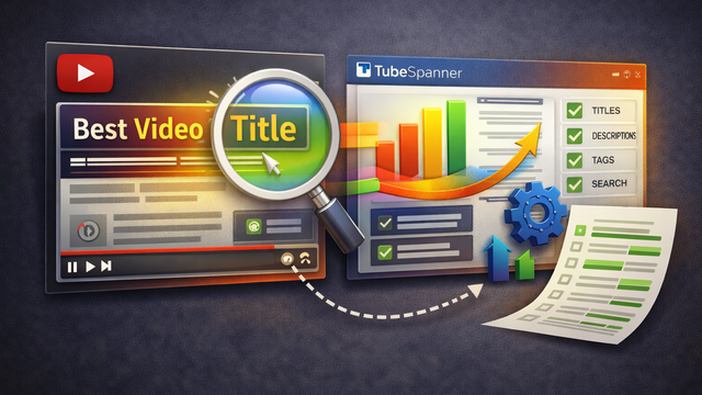 Illustration showing a YouTube video interface with a highlighted title under a magnifying glass, alongside a TubeSpanner-style optimisation dashboard featuring checklists, charts, upward arrows, and settings icons to represent improving titles and descriptions for better performance.